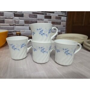 Vintage 1970s Corelle Blue Fleur Swirl Mugs Set of 4 | Corning Ware USA | Coffee